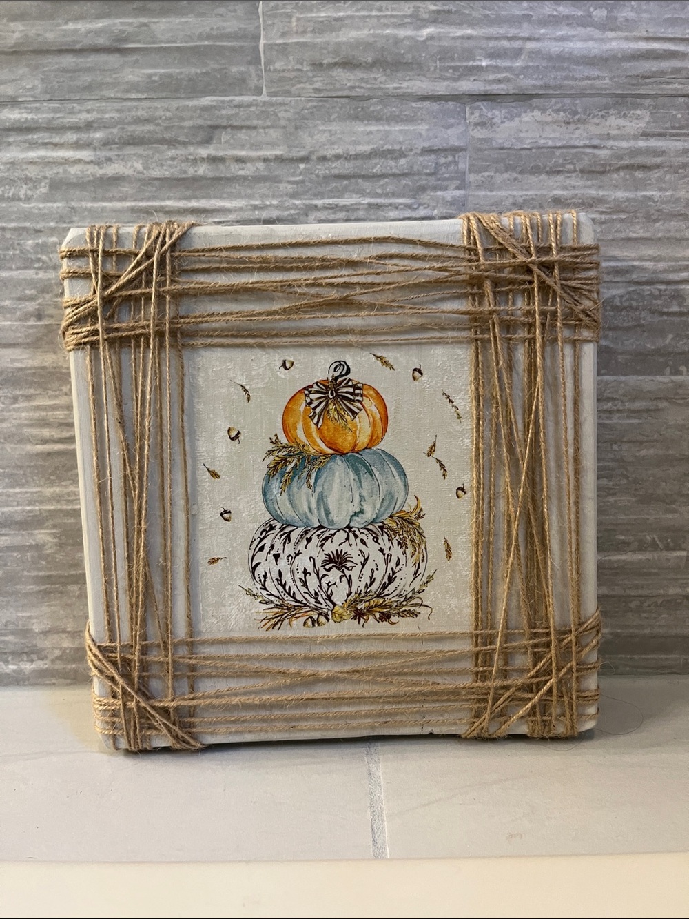 Twine-Framed Stacked Pumpkins Table Decor - Tan, Blue and Orange